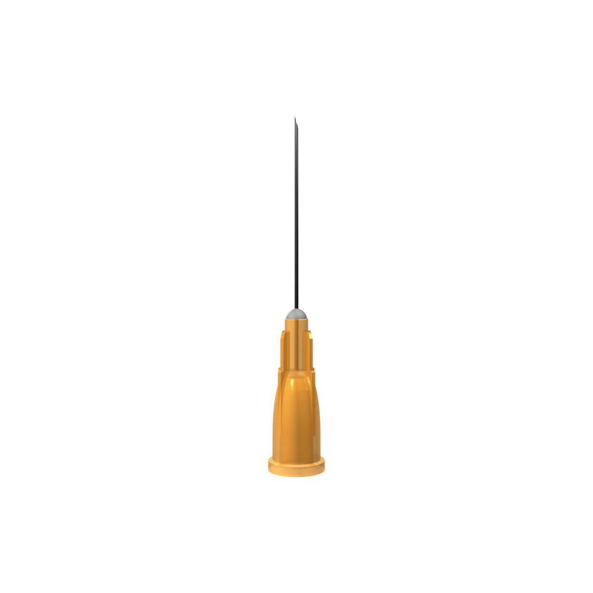 Orange 25G 1-inch needle by Unisharp, sterile medical needle for injections, displayed with multiple needles in the image.