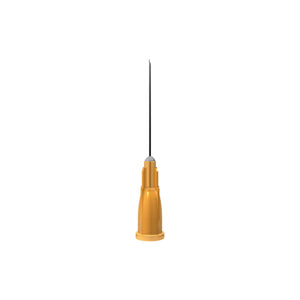 Orange 25G 1-inch needle by Unisharp, sterile medical needle for injections, displayed with multiple needles in the image.