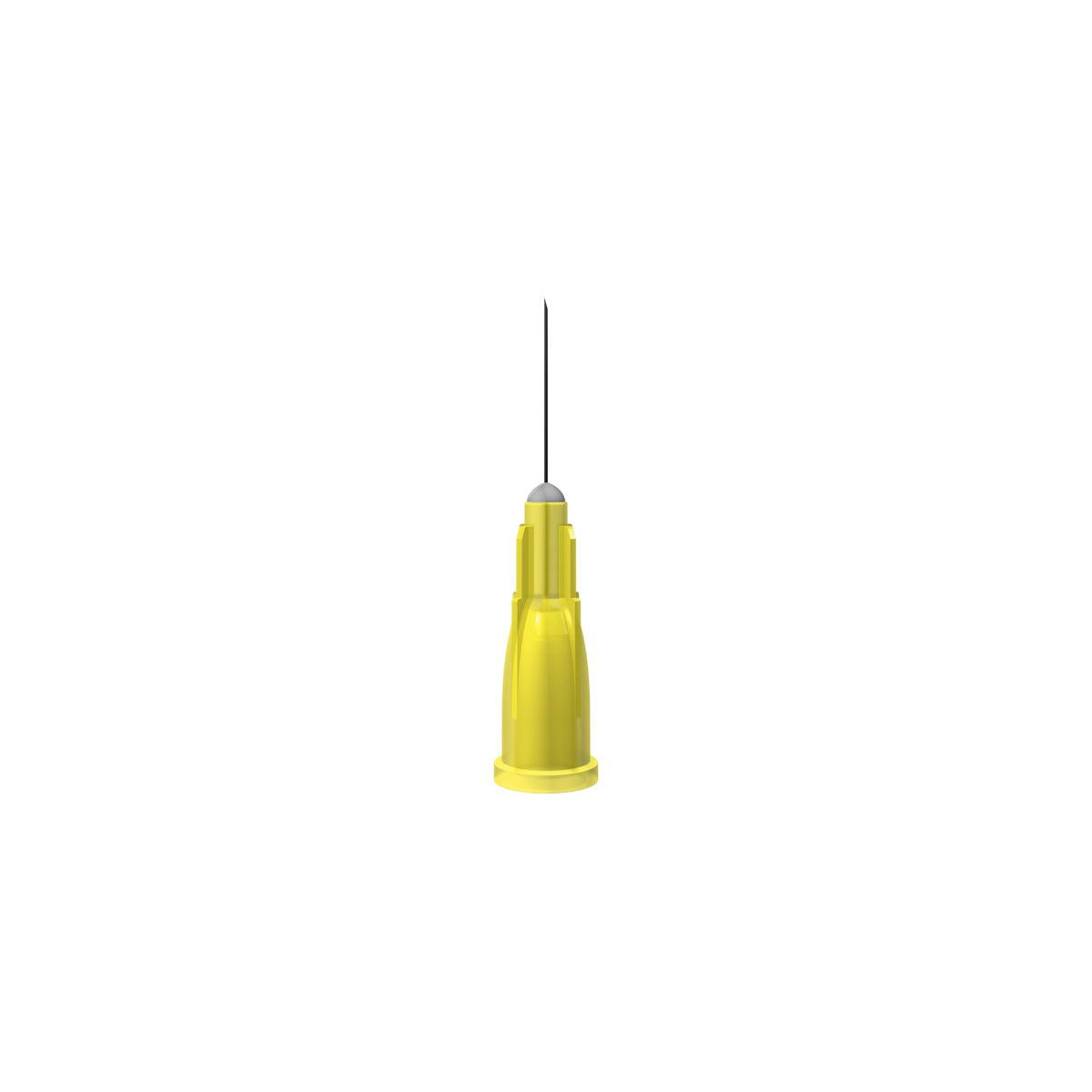 Yellow 30G 1/2 inch (13mm) Unisharp needle, 100-pack, with fine tip suitable for precise injections or medical use.