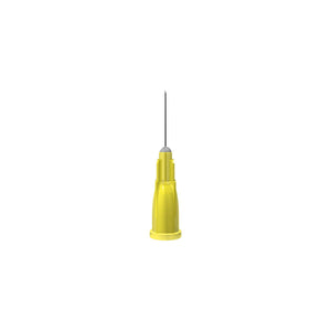 Yellow 30G 1/2 inch (13mm) Unisharp needle, 100-pack, with fine tip suitable for precise injections or medical use.