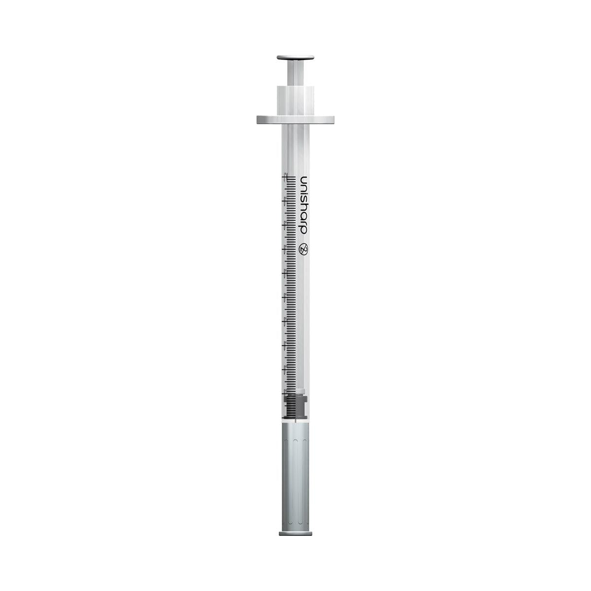 Unisharp 1ml fixed 30G 0.5-inch white needles, set of 100, showing sterile packaging and needle tips.