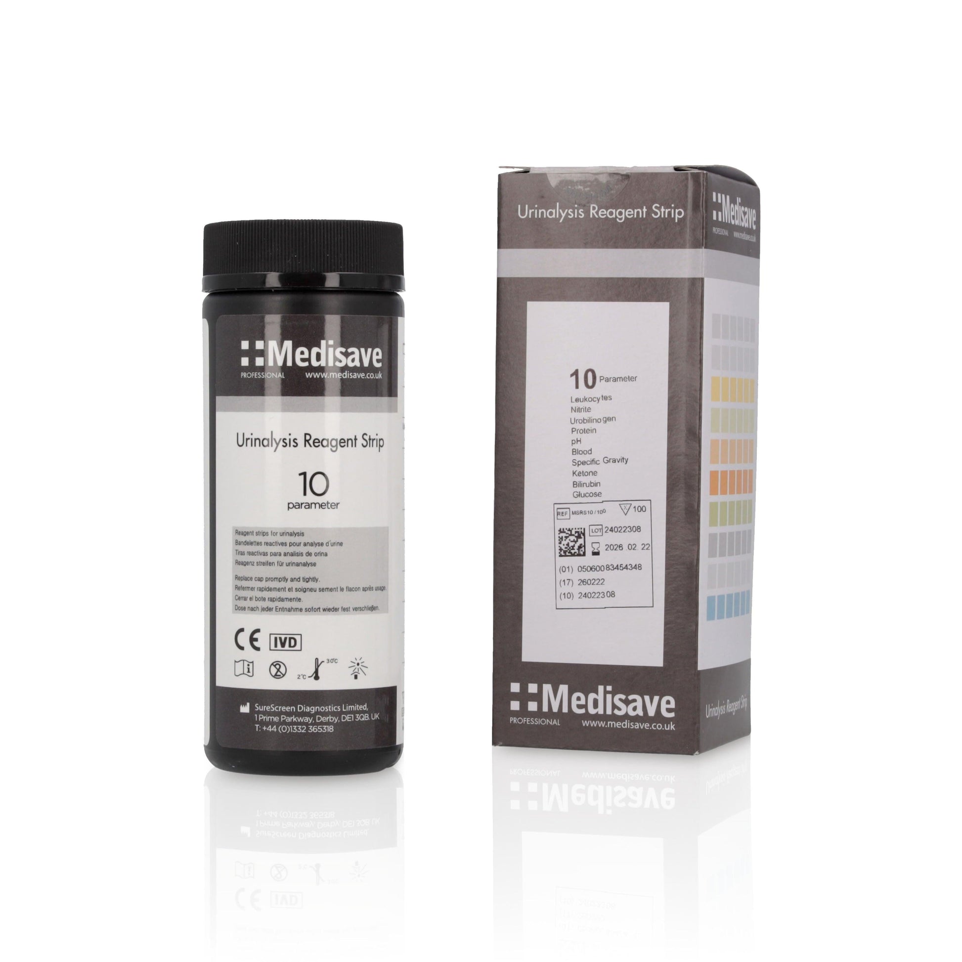 Vena Cava 10-parameter urinalysis reagent urine test strips, 100 pcs, showing strips with color indicator pads for medical diagnostic testing.