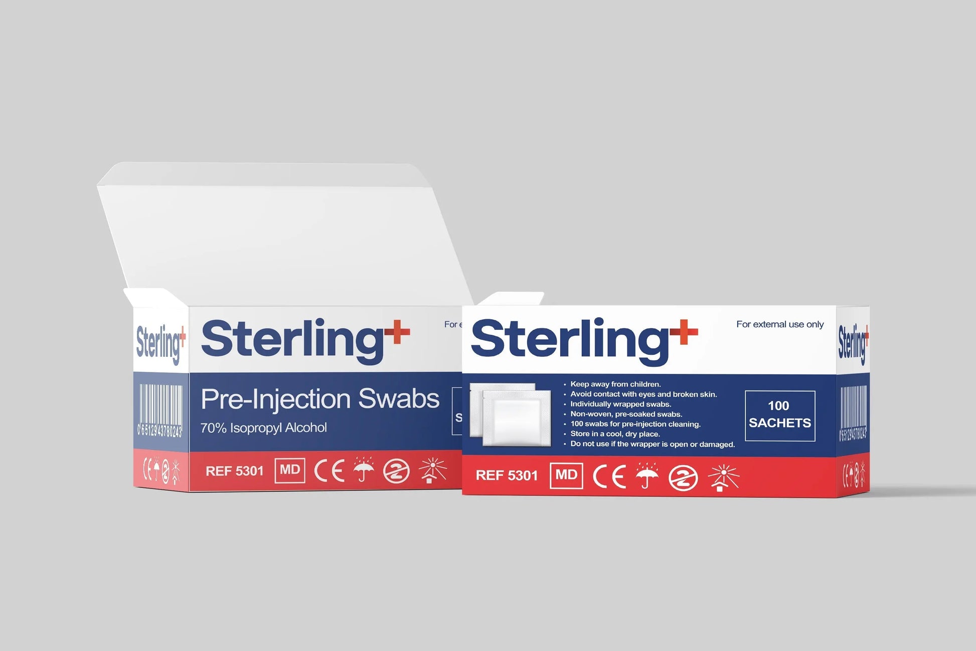 Box of 100 Vena Cava alcohol prep swabs for pre-injection skin cleansing, sterile first aid skin prep pads.