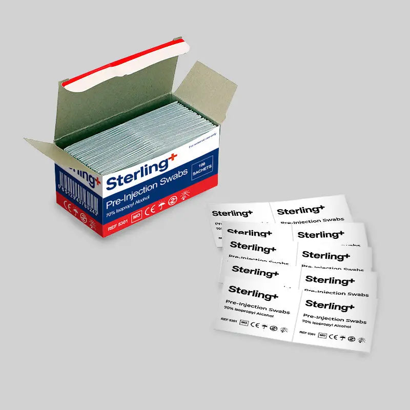 Box of 100 Vena Cava alcohol prep swabs for skin cleansing, compact pre-injection skin cleansing pads in individual sachets.