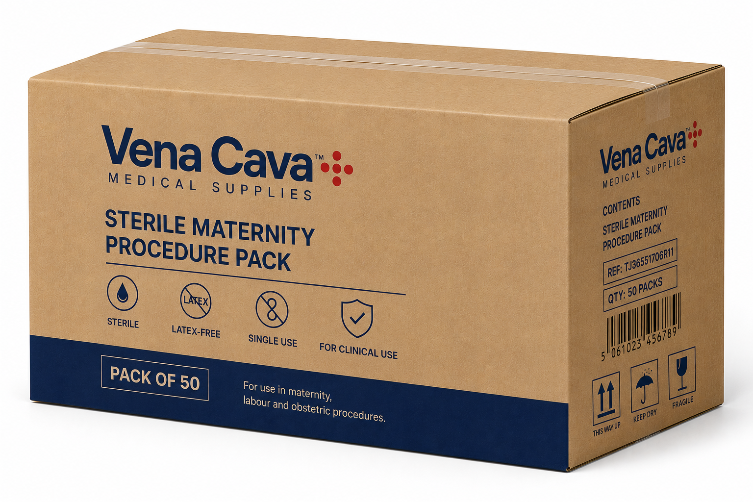 Sterile Vena Cava latex-free disposable maternity procedure pack with sterile gloves and supplies for obstetric and gynecology procedures