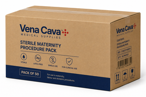 Sterile Vena Cava latex-free disposable maternity procedure pack with sterile gloves and supplies for obstetric and gynecology procedures