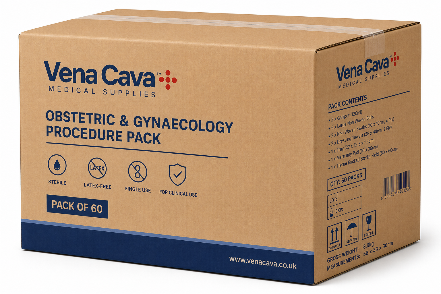 Vena Cava latex-free obstetric and gynaecology procedure pack with sterile surgical tools, packed in a clear medical kit.