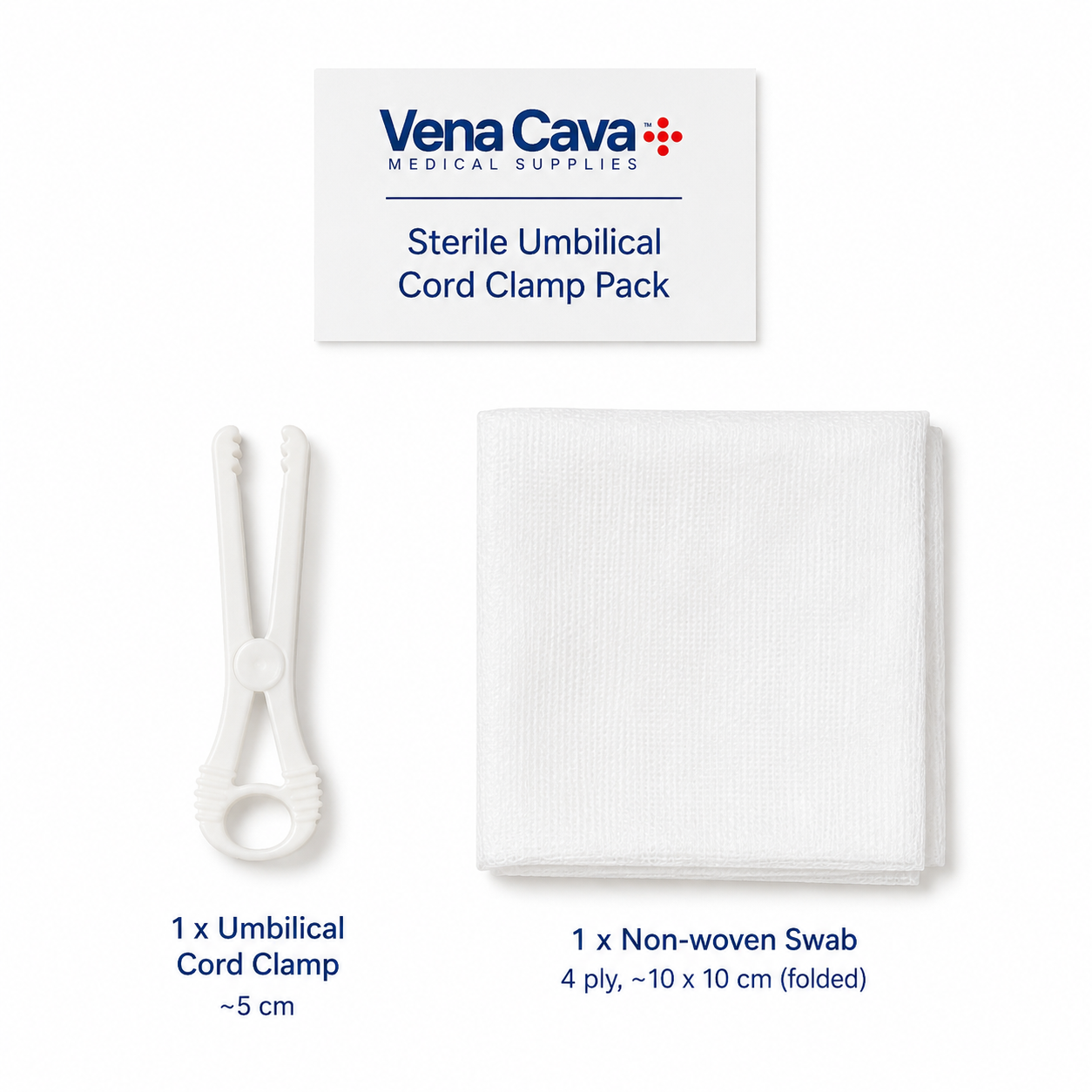 Sterile Vena Cava latex-free umbilical cord clamp pack with single-use clamps and swabs, set of 50 for obstetric procedures
