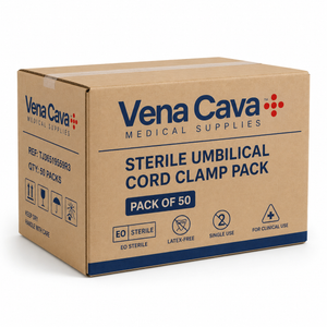 Vena Cava latex-free umbilical cord clamp pack with 50 sterile single-use clamps and swabs for obstetric procedures