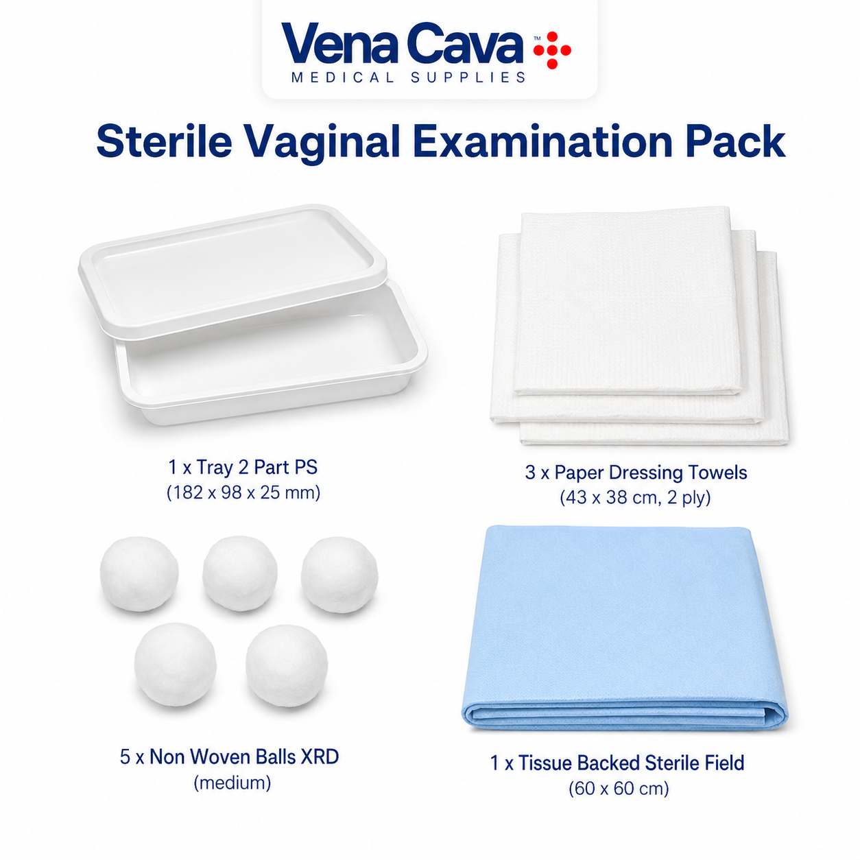 Vena Cava latex-free vaginal examination pack with 120 sterile disposable gynaecology procedure packs.