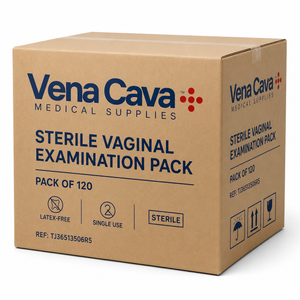 Sterile latex-free vaginal examination pack by Vena Cava, disposable obstetric and gynecology procedure kit with 120 units.