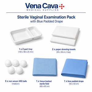 Sterile Vaginal Examination Pack with blue padded drape by Vena Cava, latex-free, designed for obstetric and gynecological procedures.