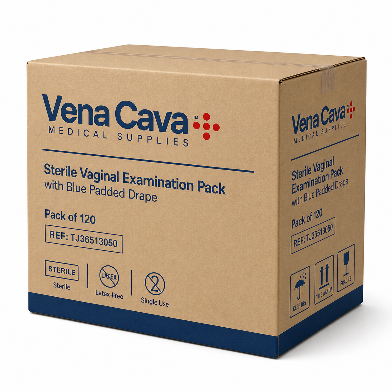 Sterile Vena Cava vaginal examination pack with blue padded drape, latex-free, for obstetric and gynecology procedures, pack of 120.