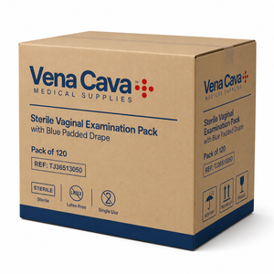 Sterile Vena Cava vaginal examination pack with blue padded drape, latex-free, for obstetric and gynecology procedures, pack of 120.