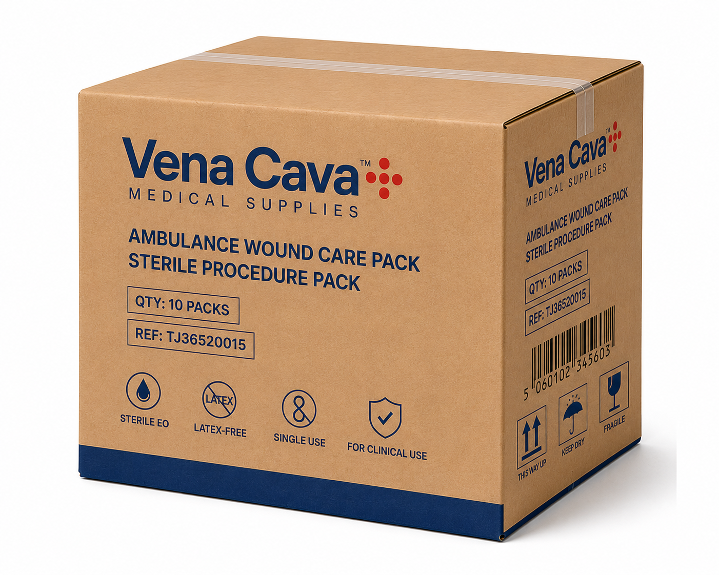 Vena Cava ambulance wound care pack with sterile dressings and supplies for emergency wound treatment.