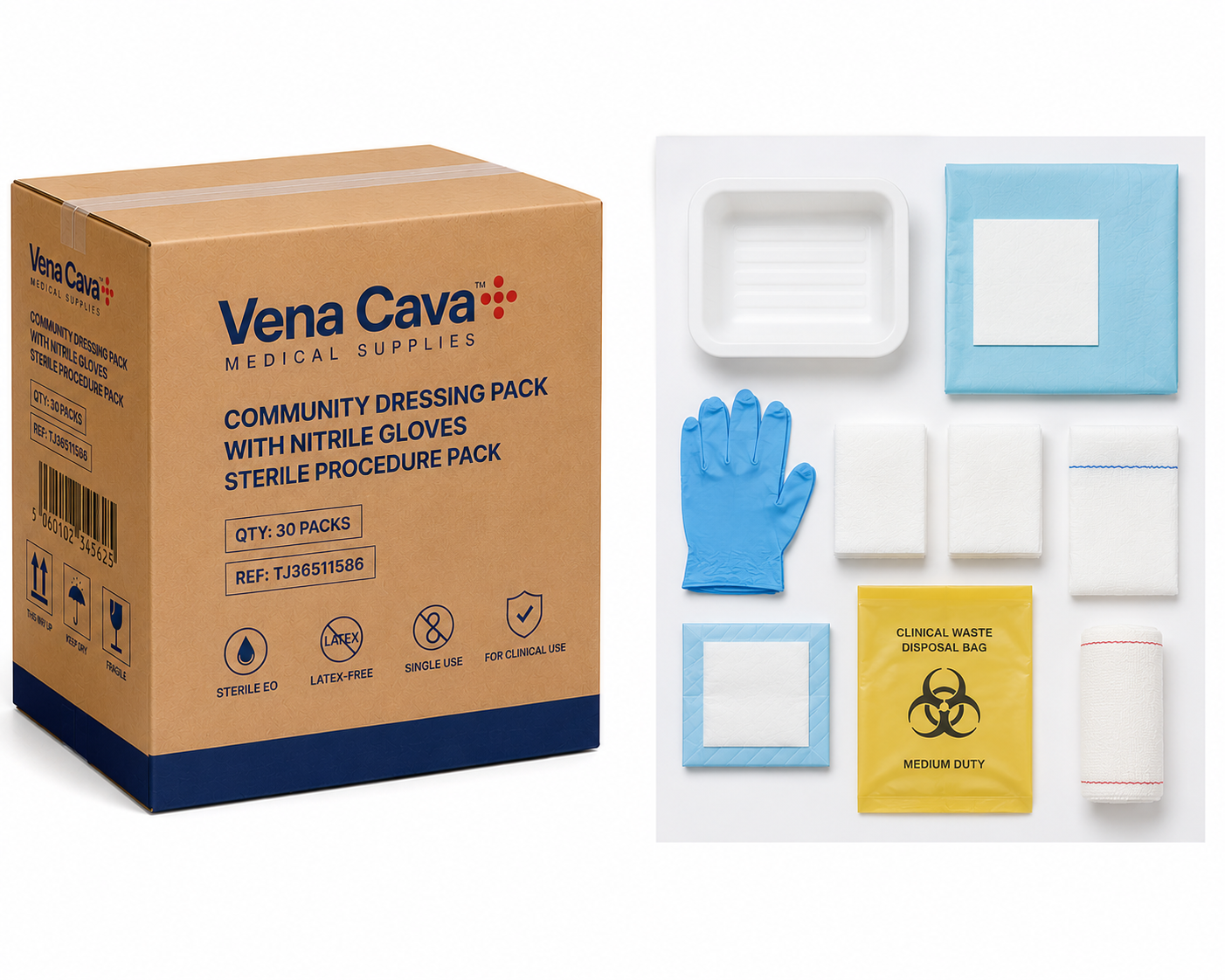 Vena Cava community dressing pack with latex-free nitrile gloves, wound care and dressing supplies for first aid and medical use.