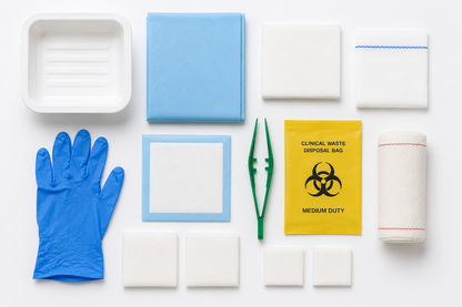 Sterile latex-free wound dressing pack with forceps from Vena Cava, includes sterile dressing supplies for wound care procedures.
