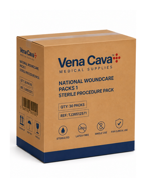Vena Cava National Woundcare Packs 1 sterile latex-free procedure packs, 90 pack, for wound care and dressing applications.
