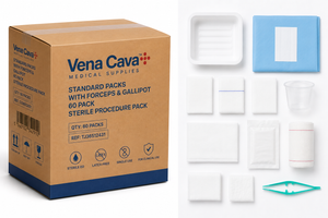 Sterile Vena Cava wound care and dressing pack with forceps and gallipot, 60-pack for medical procedures.