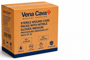Sterile wound care packs with nitrile gloves in medium size, featuring dressings and supplies for first aid procedures.