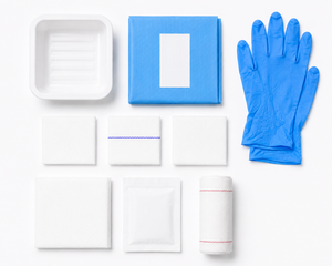 Sterile Vena Cava wound care packs with nitrile gloves in medium size, shown in a pack of 20 for dressing and wound management.