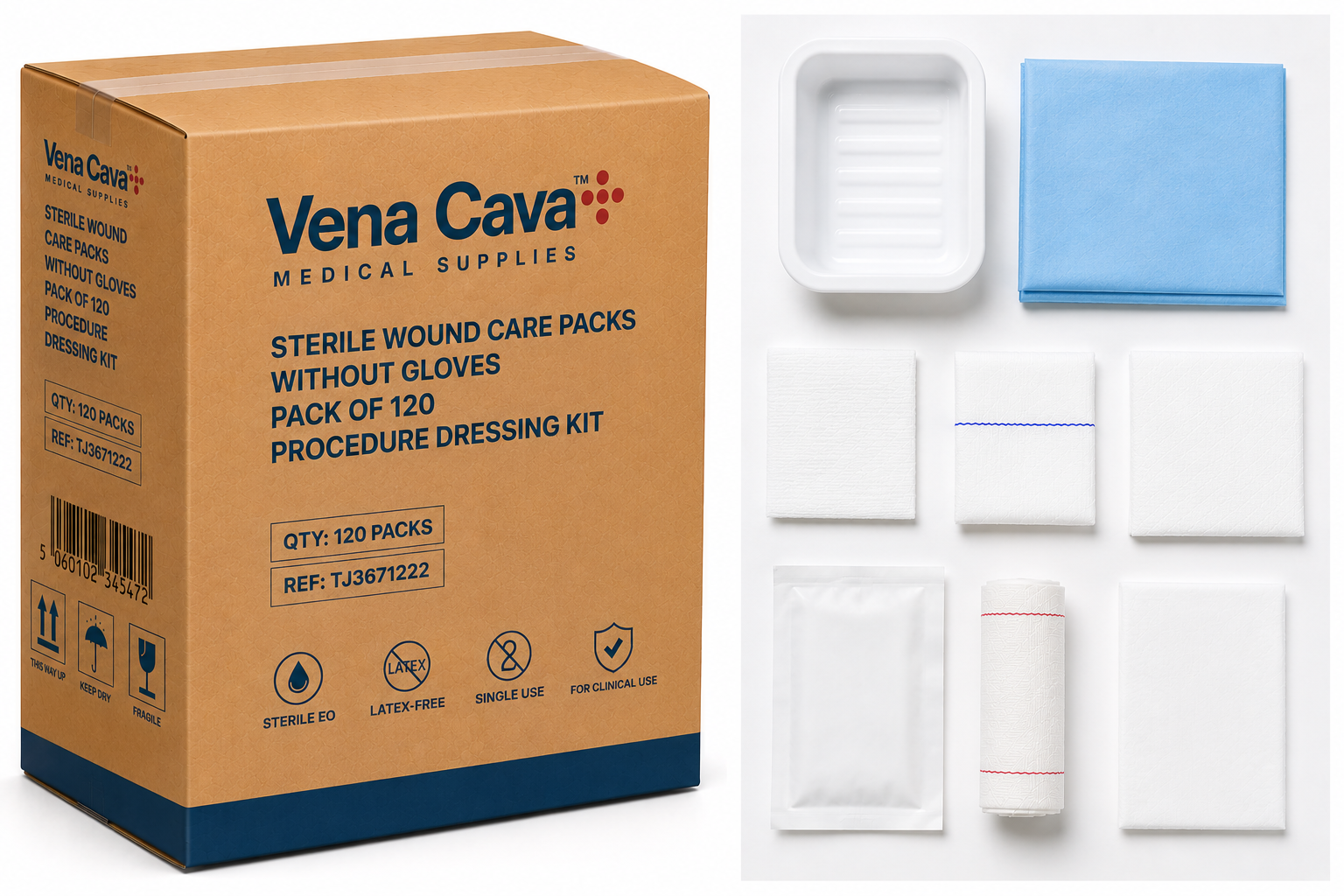 Sterile Vena Cava wound care packs without gloves, 120-pack of procedure dressing kits for medical wound management.