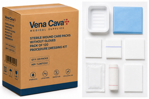 Sterile Vena Cava wound care packs without gloves, 120-pack of procedure dressing kits for medical wound management.