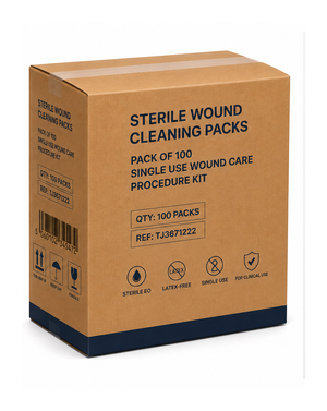 Sterile wound cleaning packs from Vena Cava, pack of 100, single-use wound care and dressing procedure kits.