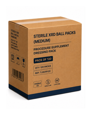 Sterile XRD ball packs medium size for wound care, packaged in a Vena Cava dressing pack with 120 sterile balls for medical procedures.