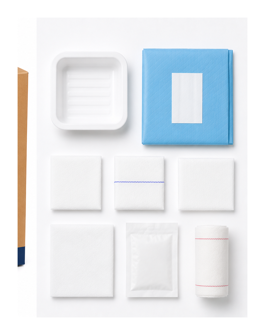 Vena Cava sterile wound care and dressing pack with assorted sterile supplies for medical procedures.