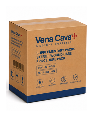 Vena Cava sterile wound care procedure pack with dressing supplies and sterile instruments for wound treatment.
