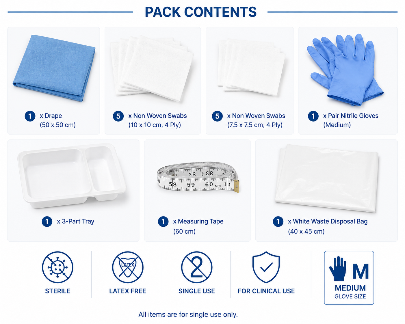 Sterile Vena Cava universal dressing packs with nitrile gloves, medium wound care and dressing kit for wound management.