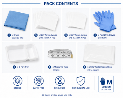 Sterile Vena Cava universal dressing packs with nitrile gloves, medium wound care and dressing kit for wound management.