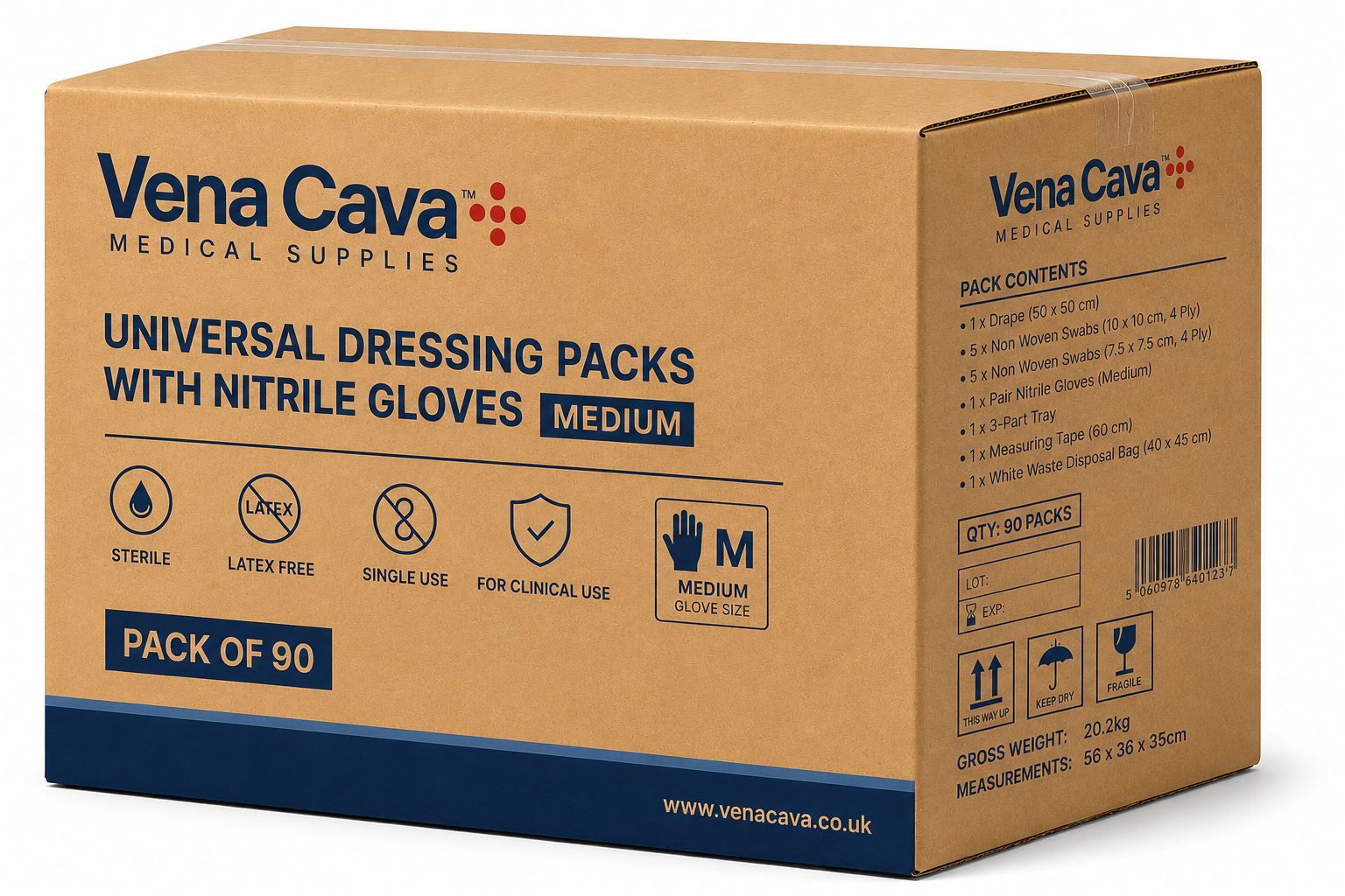 Vena Cava universal dressing packs with sterile wound dressings and medium nitrile gloves, suitable for wound care and first aid.
