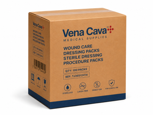 Vena Cava sterile wound care dressing packs with assorted dressings and supplies for wound management and dressing procedures.