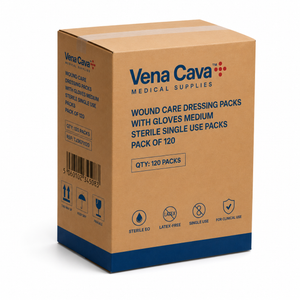 Vena Cava medium sterile wound care dressing packs with gloves, single-use packs, shown in a box with 120 packs for medical use.