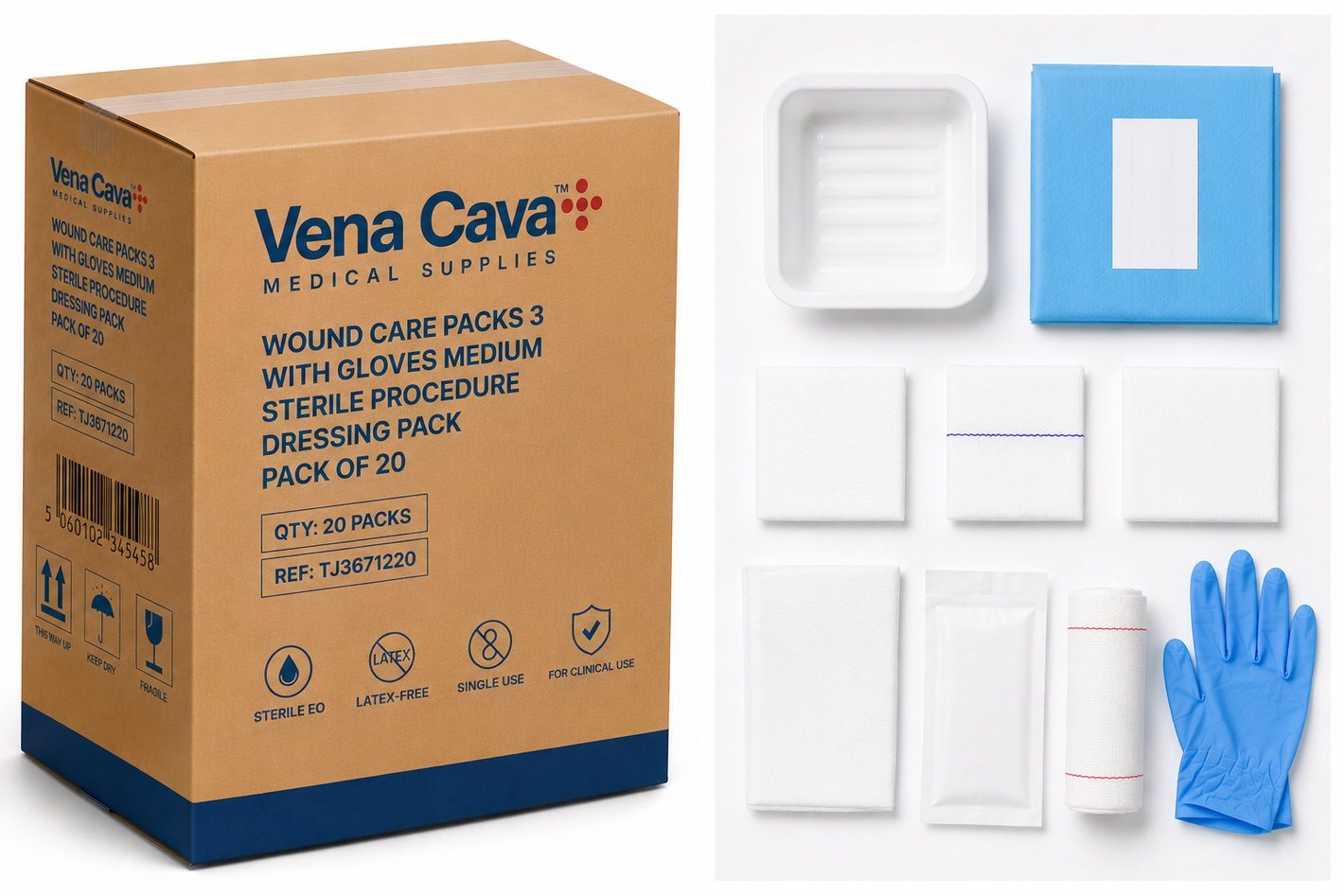 Medium Vena Cava wound care packs with gloves, sterile dressing packs for wound management, pack of 20.