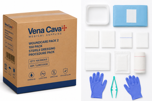Vena Cava Woundcare Pack 2 with 100 sterile dressing procedure packs for wound care and dressing applications.