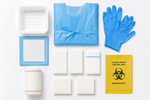 Sterile Vena Cava wound care dressing pack with apron, nitrile gloves, and forceps for safe medical procedures