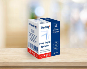 Box of Sterling Cusco Vaginal Speculum X-Small, single use, 25 pack on wooden table