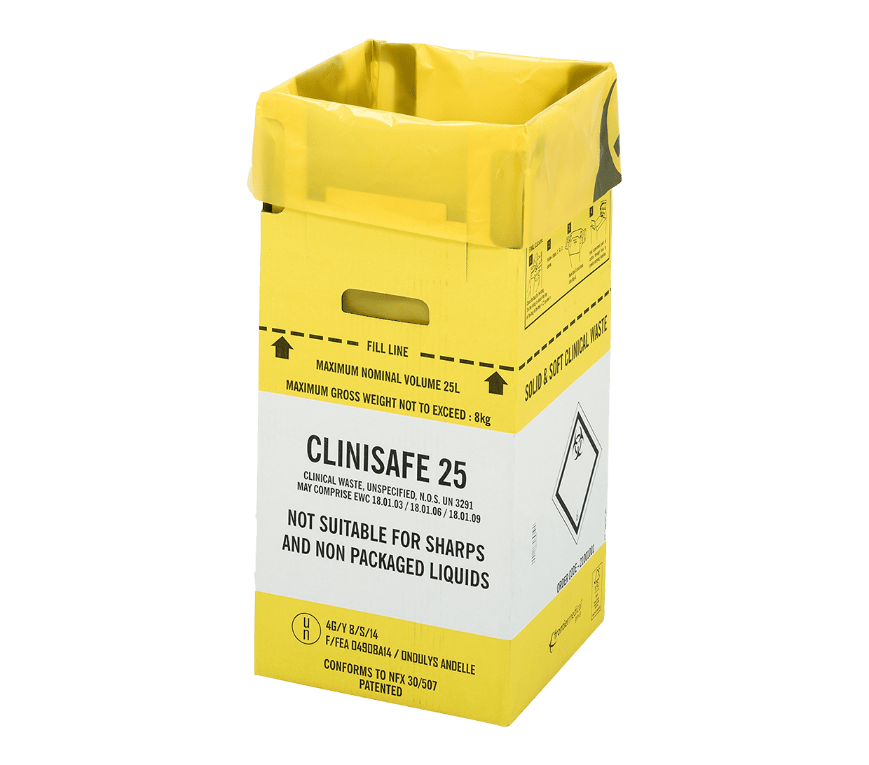 Set of ten 25-litre yellow Clinisafe cardboard cartons by Vernacare, used for medical waste disposal.