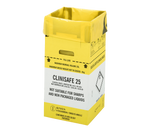 Set of ten 25-litre yellow Clinisafe cardboard cartons by Vernacare, used for medical waste disposal.
