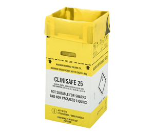 Set of ten 25-litre yellow Clinisafe cardboard cartons by Vernacare, used for medical waste disposal.
