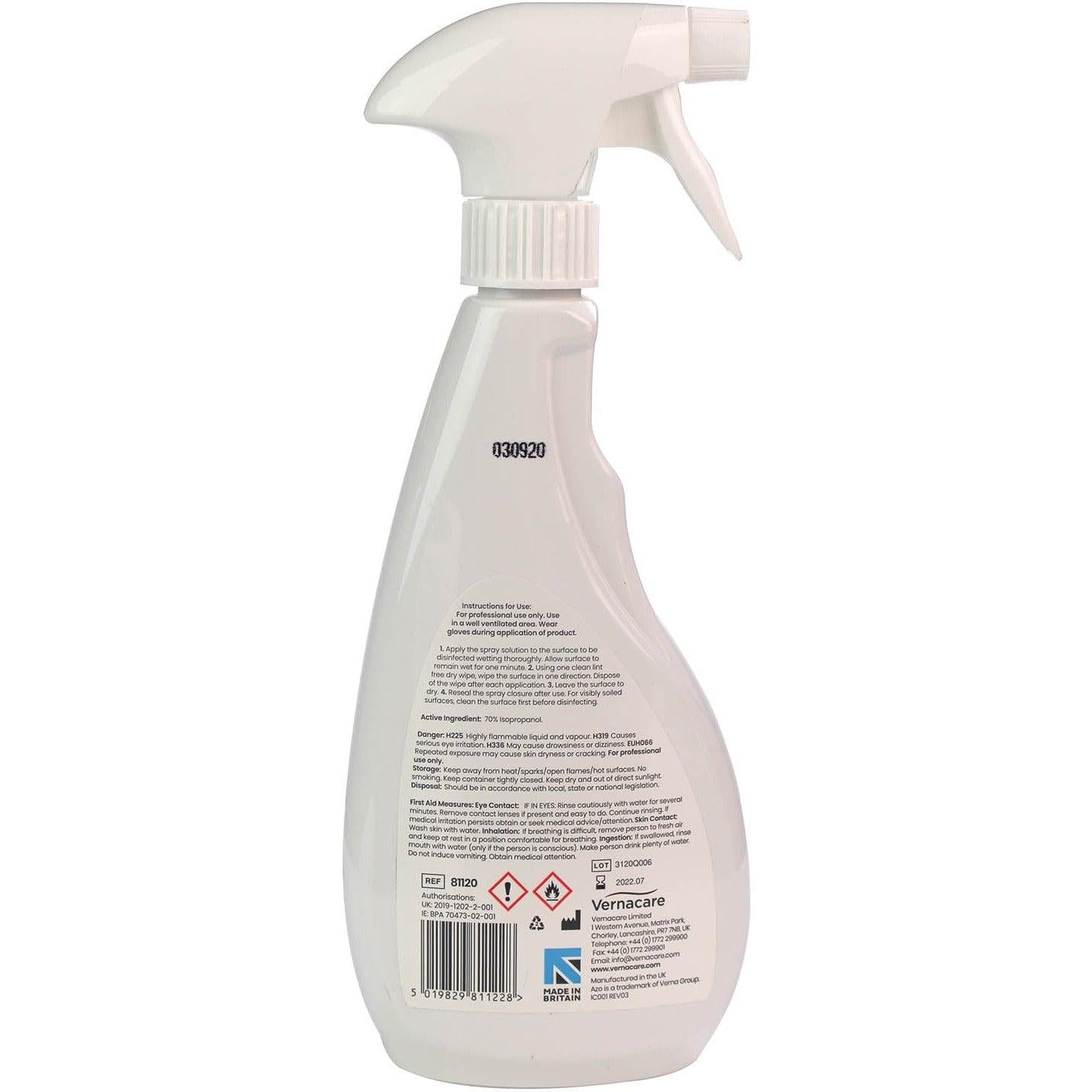 Vernacare Azo™ Spray 70% IPA 500ml bottle with spray nozzle, used for disinfecting surfaces with alcohol-based sanitizer.