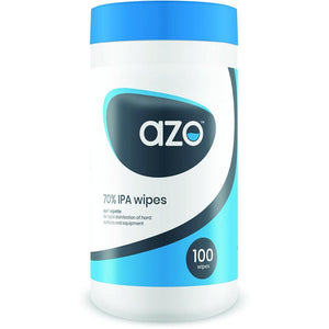 Vernacare Azo™ Wipette 70% IPA disinfectant wipes, 100-count pack, showing individual wipes with disinfectant solution.