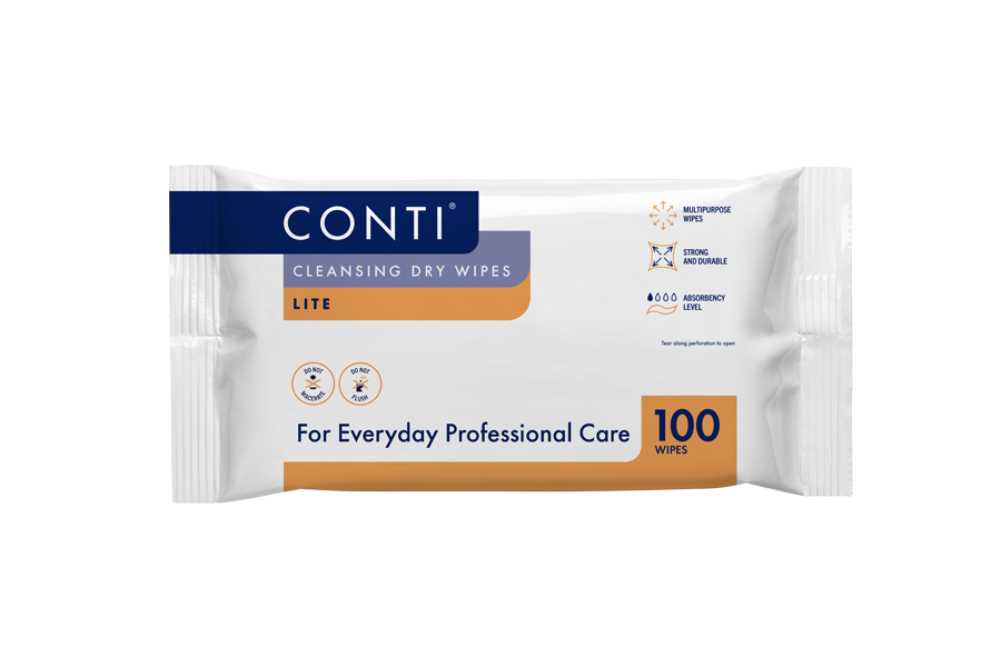 Vernacare Conti® Cleansing Dry Wipes Lite, large pack with 32 boxes of 100 wipes each, suitable for skin cleansing and hygiene.