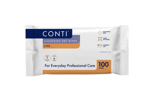 Vernacare Conti® Cleansing Dry Wipes Lite, large pack with 32 boxes of 100 wipes each, suitable for skin cleansing and hygiene.