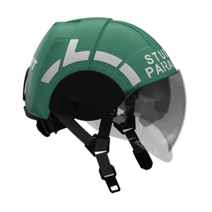 Green student paramedic helmet with visor and chin strap for emergency medical use