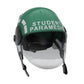 Green student paramedic helmet with clear face shield and bold white lettering