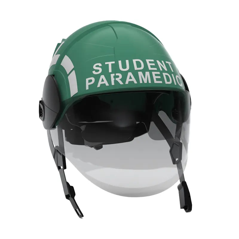 Green student paramedic helmet with clear face shield and bold white lettering